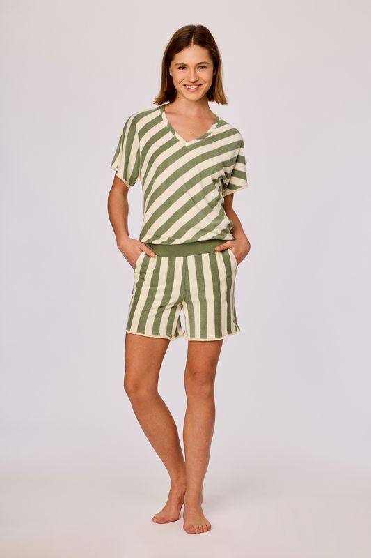 Tweedelige set; korte mouw - short, Woody, Groen crème gestreept