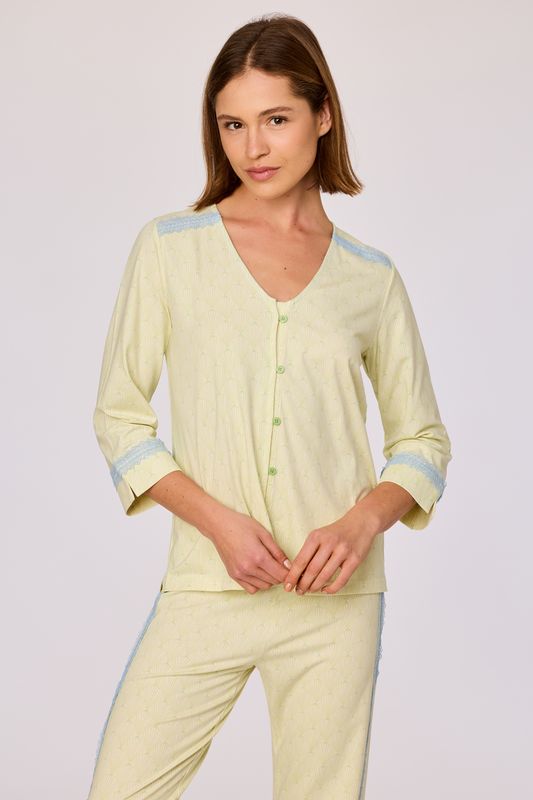 Pyjama; doorknoop, 3/4 mouwen, lange broek, Woody, Groen