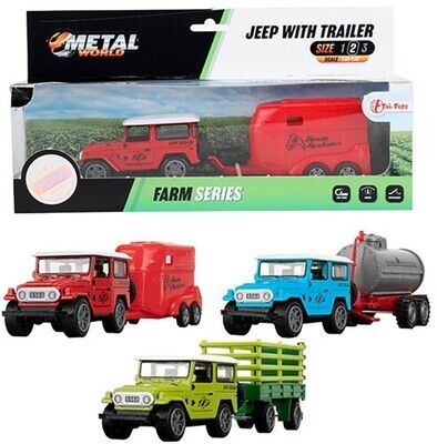 Toi-Toys Metalen jeep met aanhangwagen 3 assorti