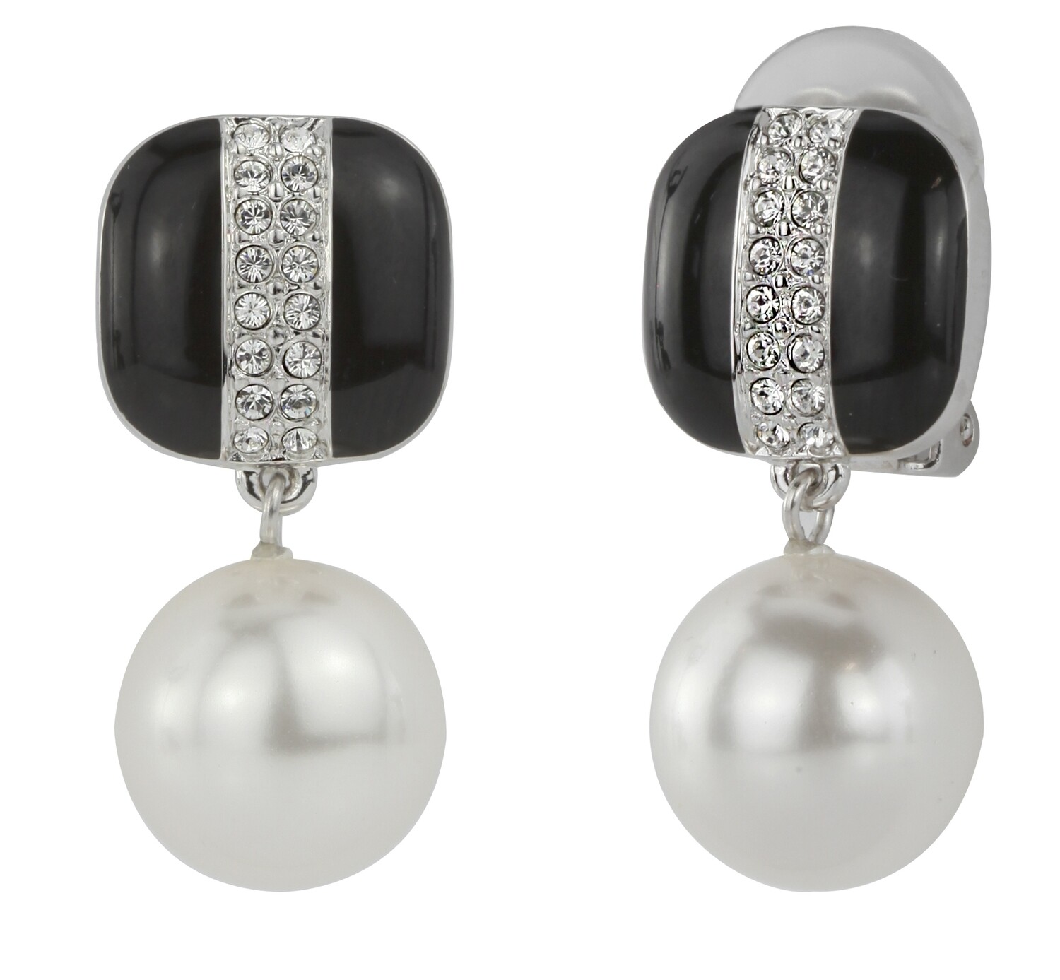 CLIP  PENDANT    RH BLACK ENAMEL WHITE PEARL/CRYSTAL 12MM