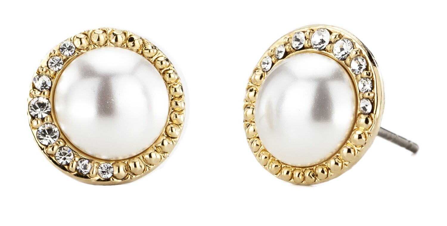 PEARCED EARRING. GO. CRYSTAL.  8 MM WHITE PEARL