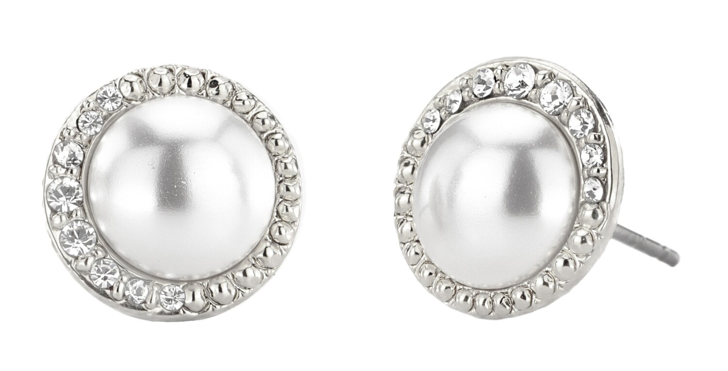 PEARCED EARRINGS. RG  CRYSTAL. 8 MM WHITE PEARL