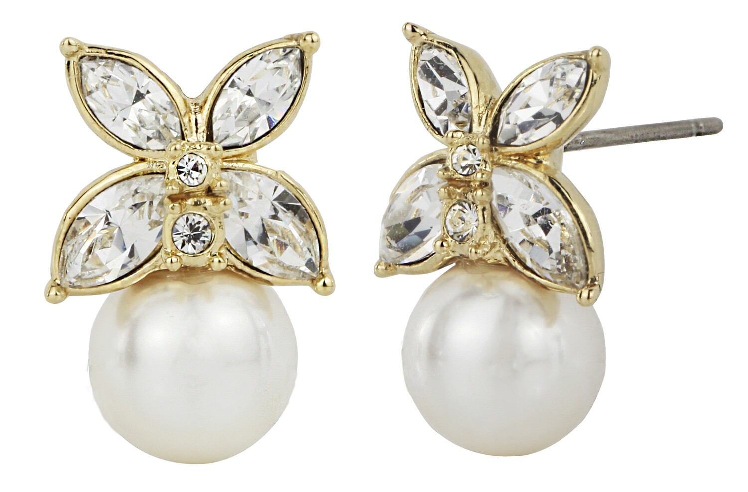 PEARCED EARRINGS  GO. CRYSTAL.  8 MM WHITE PEARL