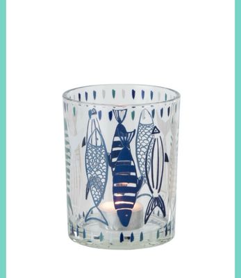 Theelichthouder Vis Glas Wit/Blauw Medium