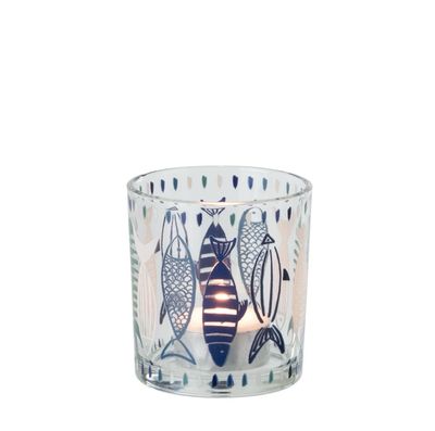 Theelichthouder Vis Glas Wit/Blauw Small
