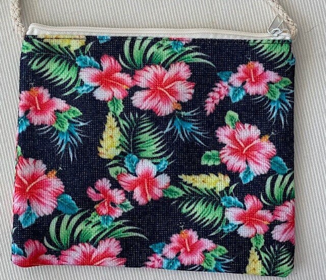Tropical Print Bag With Natural Strap : Pink Flower
