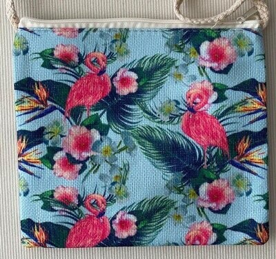 Tropical Print Bag With Natural Strap : Flamingo