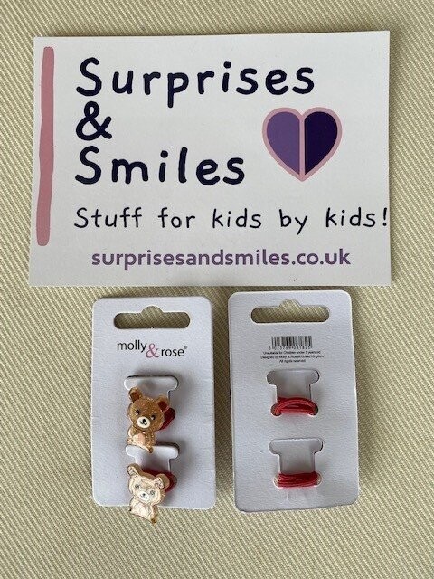 Card of 2 Teddy Bear Bobble Elastics, Colour: Pinky red