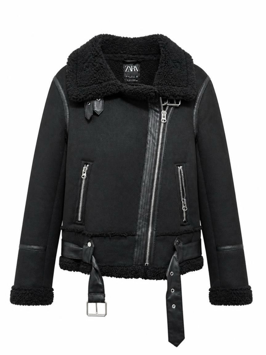 Zara Faux Shearling Aviator Biker Jacket, Black, Women's Size S