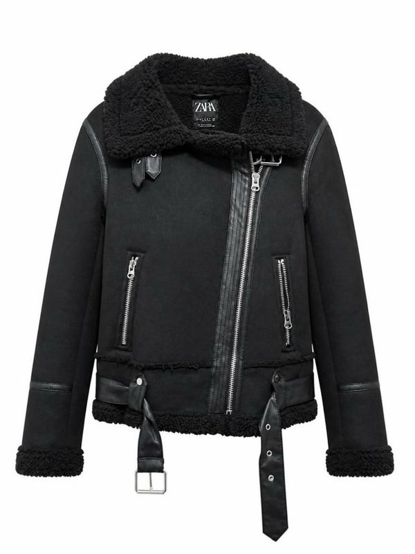 Zara Faux Shearling Aviator Biker Jacket, Black, Women's Size S