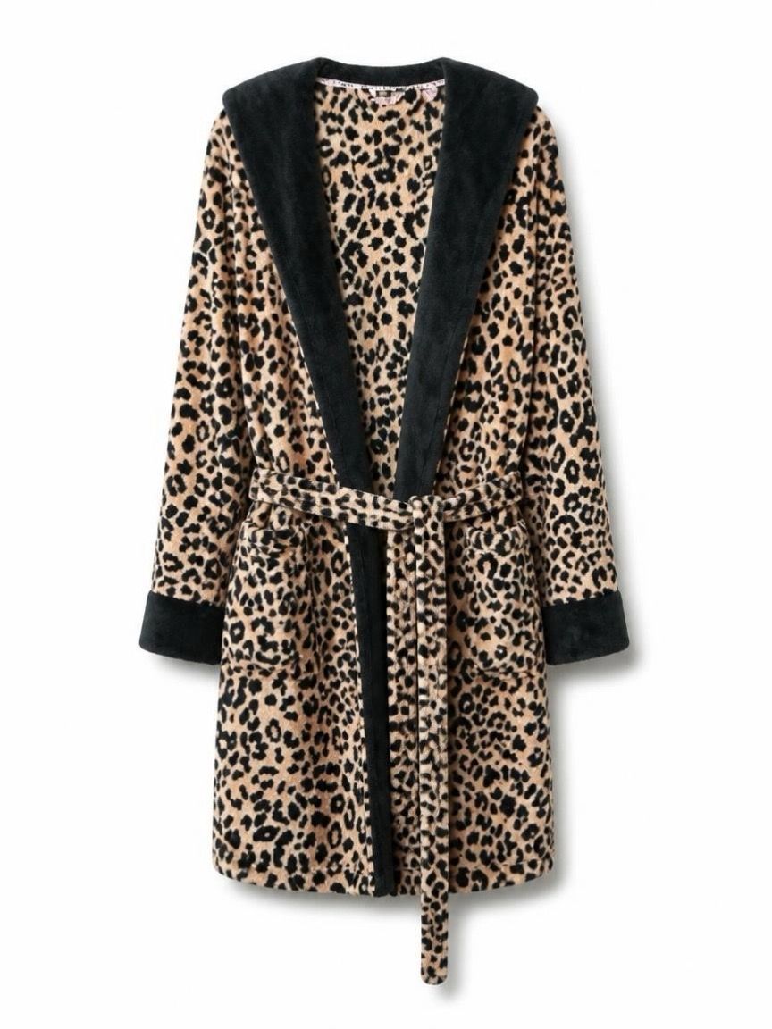 La Vie en Rose Leopard Print Plush Hooded Robe, Women's Size S/M