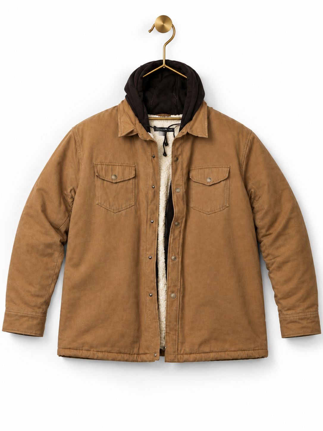 Dakota Sherpa Lined Canvas Shirt Jacket with Hood, Tan, Size 2XL