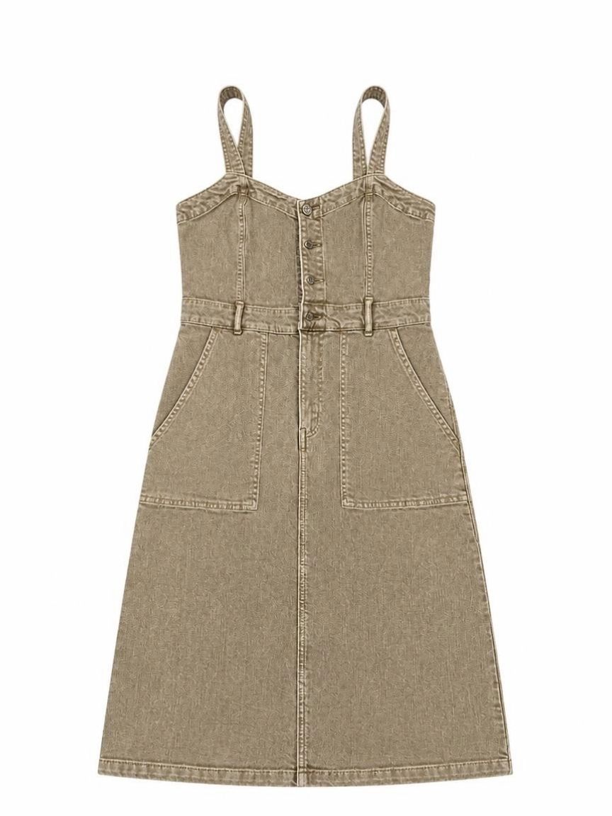 Gap Button Front Denim Midi Dress, Washed Khaki, Size 4 Tall
