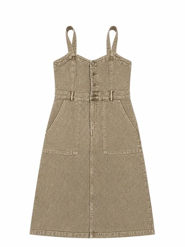 Gap Button Front Denim Midi Dress, Washed Khaki, Size 4 Tall