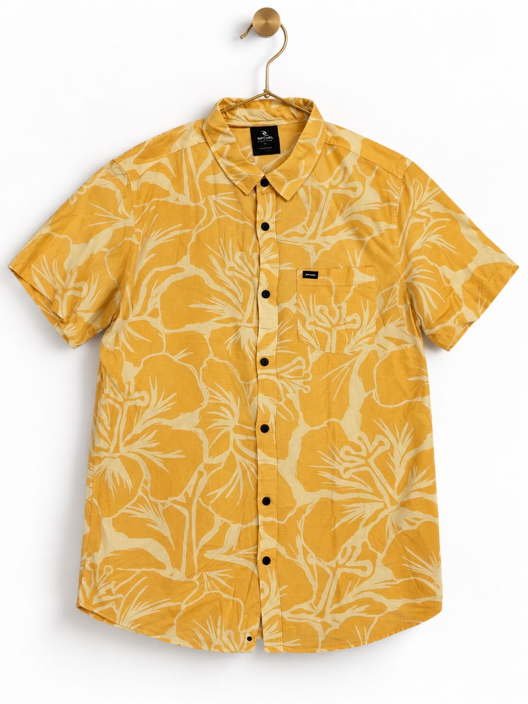 Rip Curl Hibiscus Print Button Up Shirt, Golden Yellow, Size L