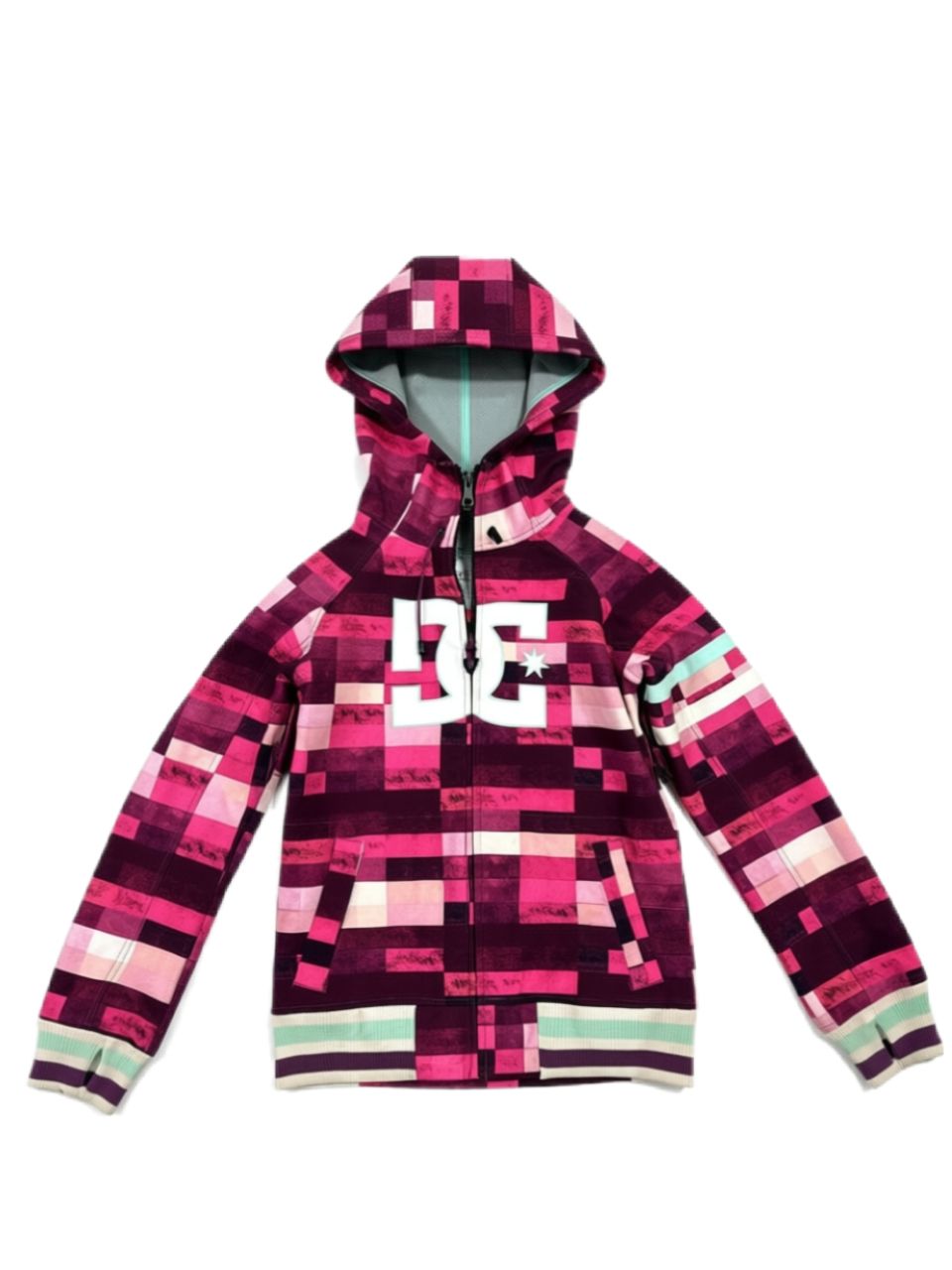 DC Pixel Print Waterproof Snowboard Hoodie, Pink and Plum, Size XS