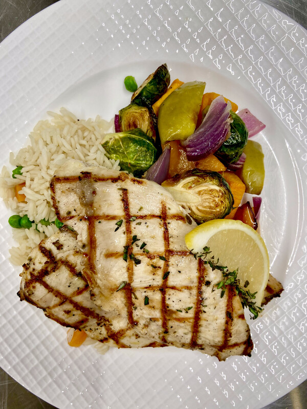 Lemon Herb Grilled Chicken with Rice and Roasted Broccoli with Chilies