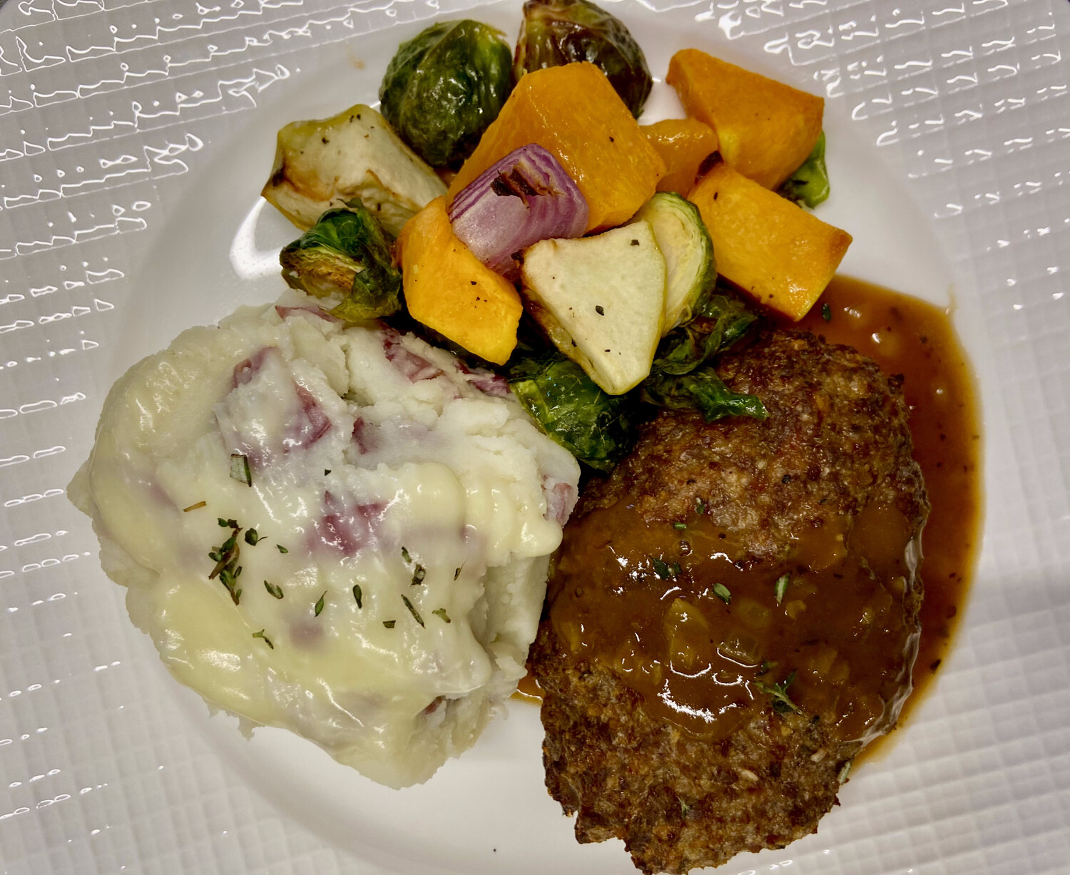 Salisbury Steak and Mushroom Gravy with Garlic Mashed Potatoes and Asparagus