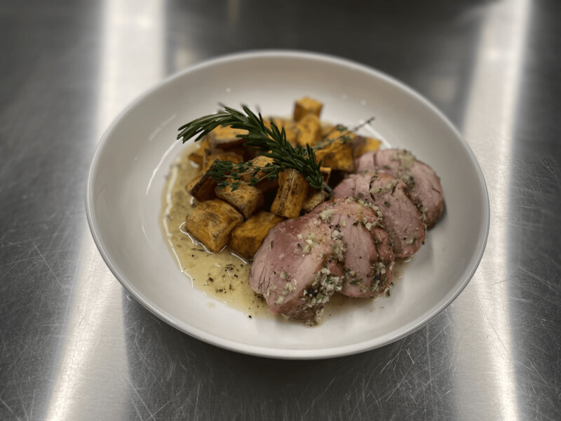 Honey Garlic Pork Tenderloin with Honey-Thyme Roasted Yams and Roasted Broccoli