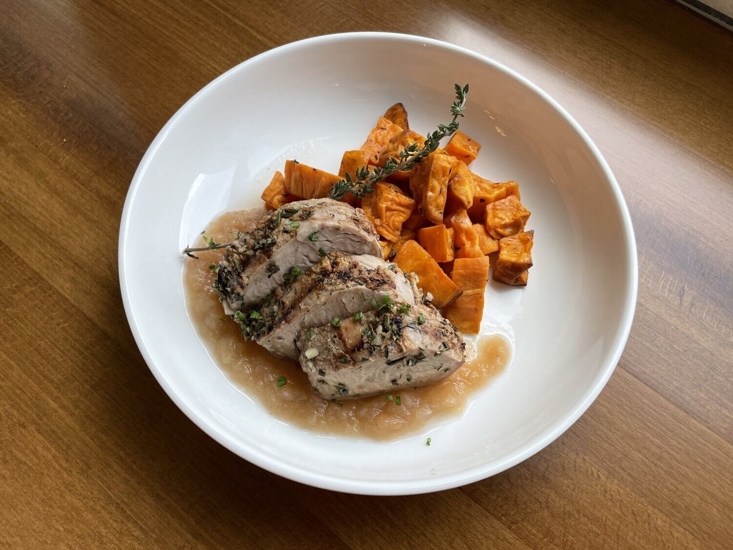 Pork Tenderloin and Applesauce with Honey-Thyme Yams and Roasted Broccoli