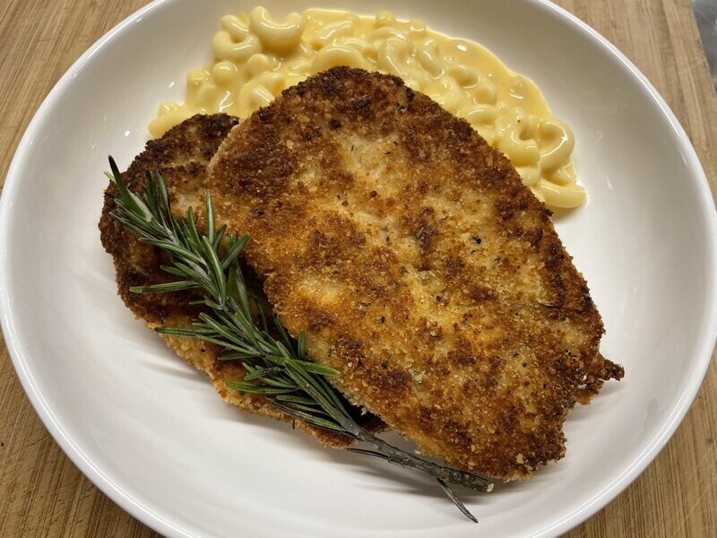 Breaded Pork Chops with Mom's Mac and Cheese and Seasonal Vegetables