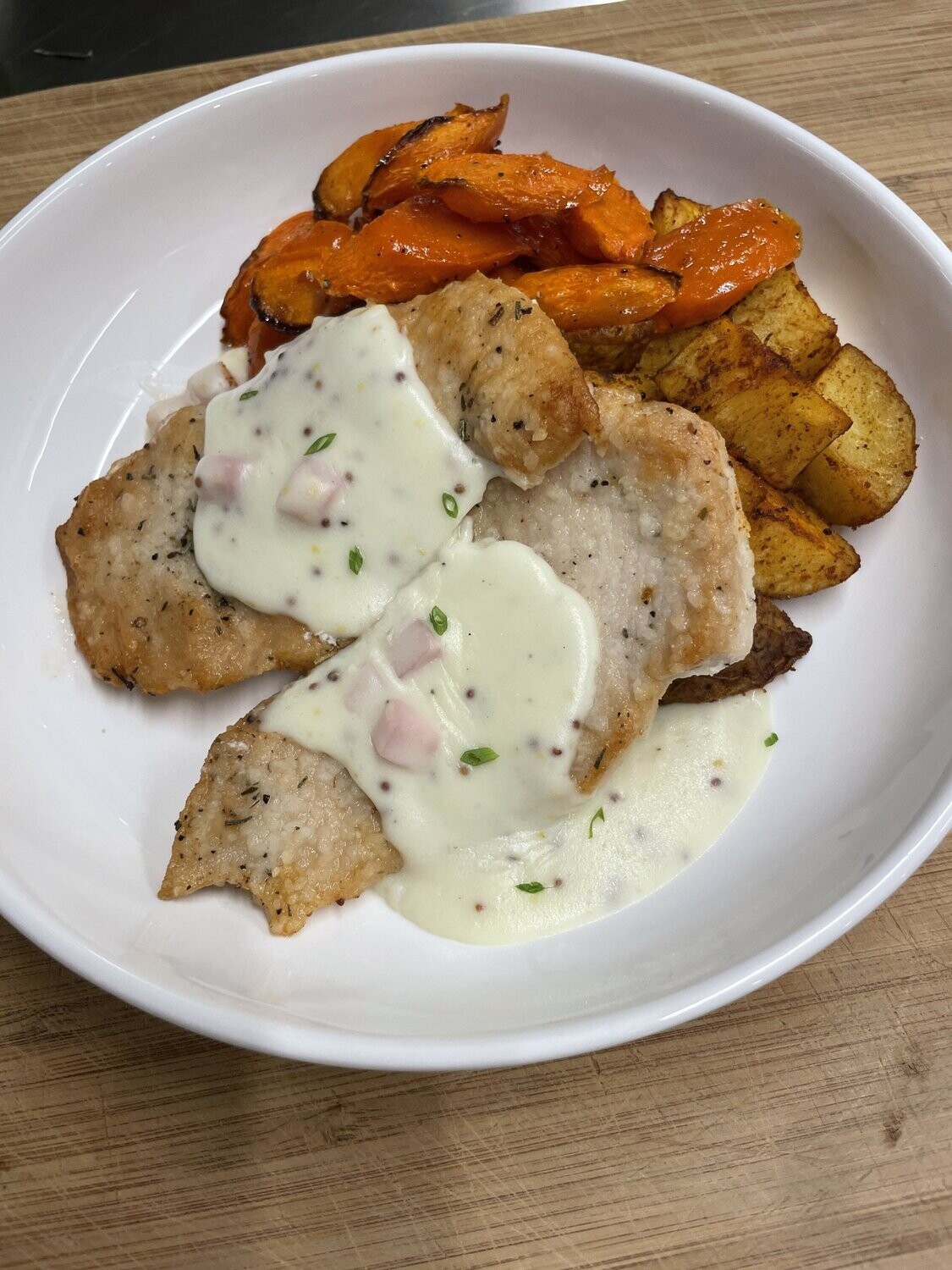 Sautéed Chicken Cordon Bleu with Roasted Gold Potatoes and Maple Glazed Carrots