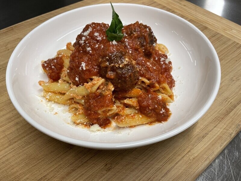 Italian Meatballs in Tomato Sauce with Baked Pasta and Buttered Green Beans