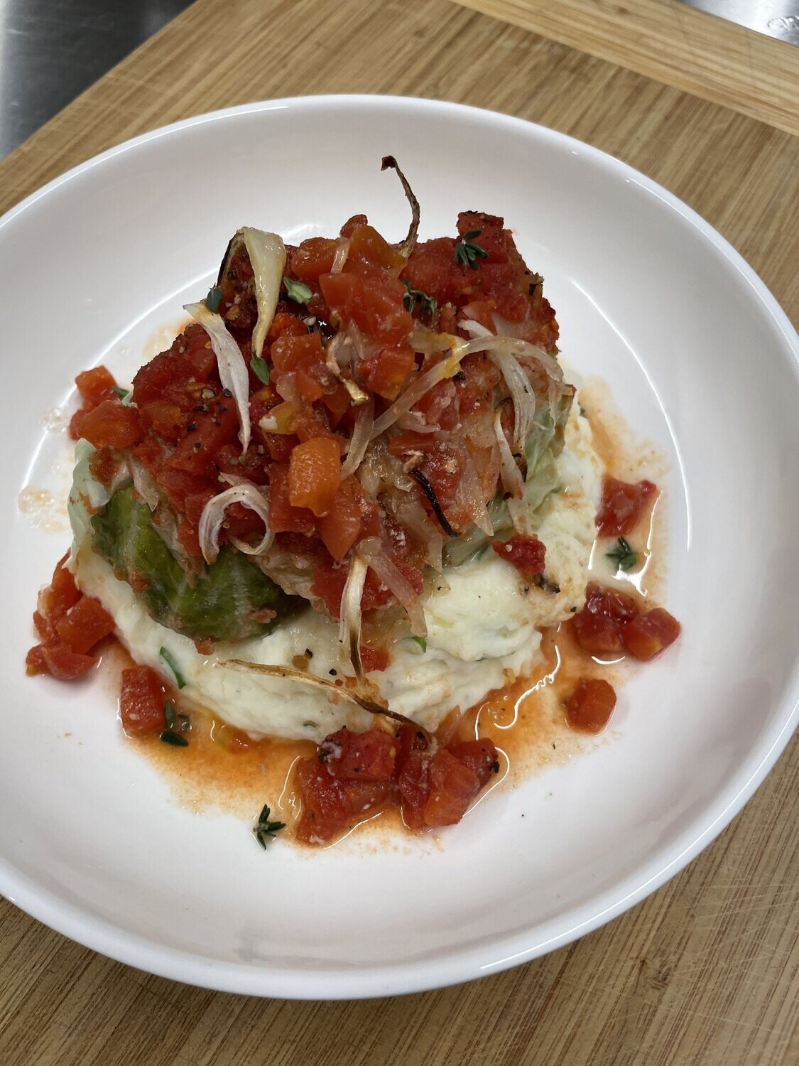 Stuffed Cabbage Rolls with Mashed Potatoes and Buttered Green Beans