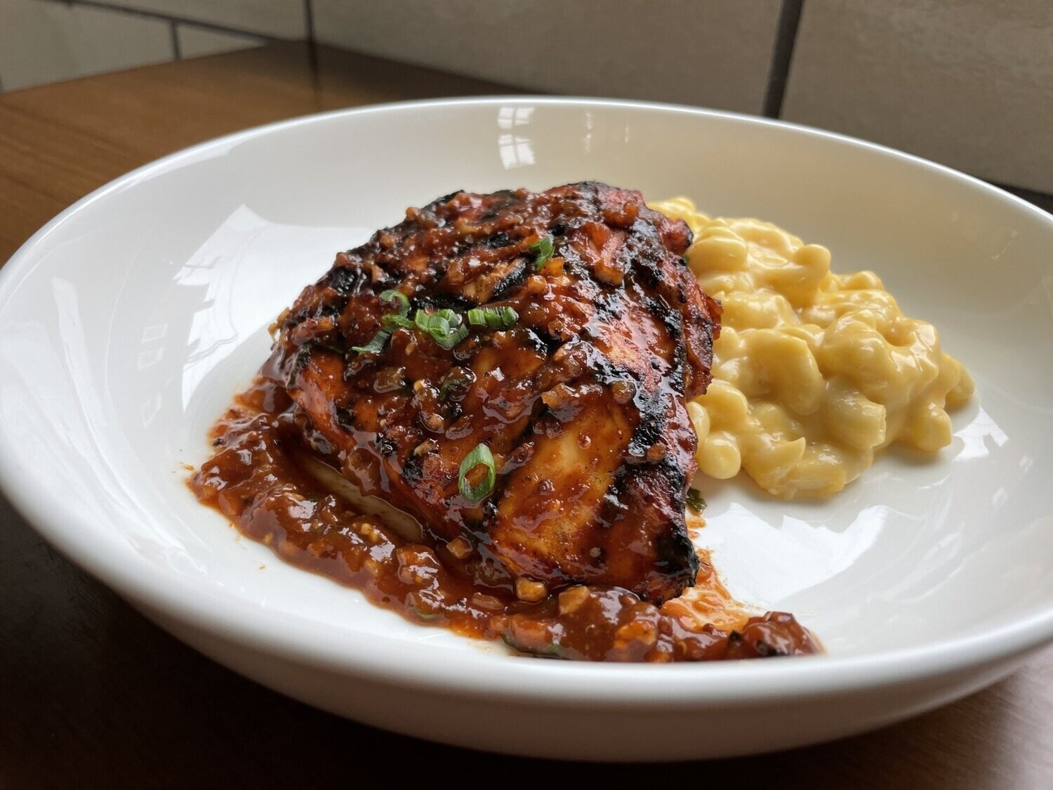 Root Beer BBQ Grilled Chicken with Mom's Mac and Cheese and Maple Glazed Brussels Sprouts with Bacon & Chilies