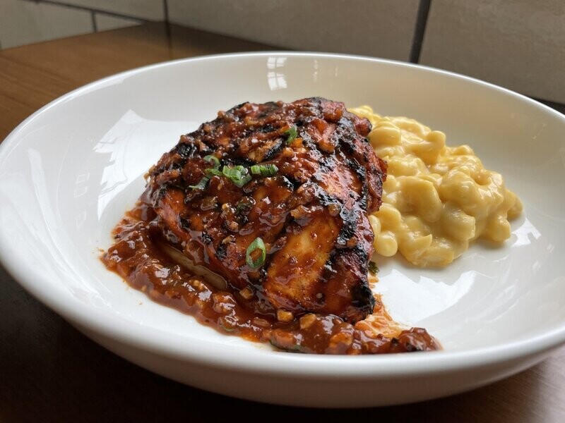 Root Beer BBQ Grilled Chicken with Mom's Mac and Cheese and Maple Glazed Brussels Sprouts with Bacon & Chilies
