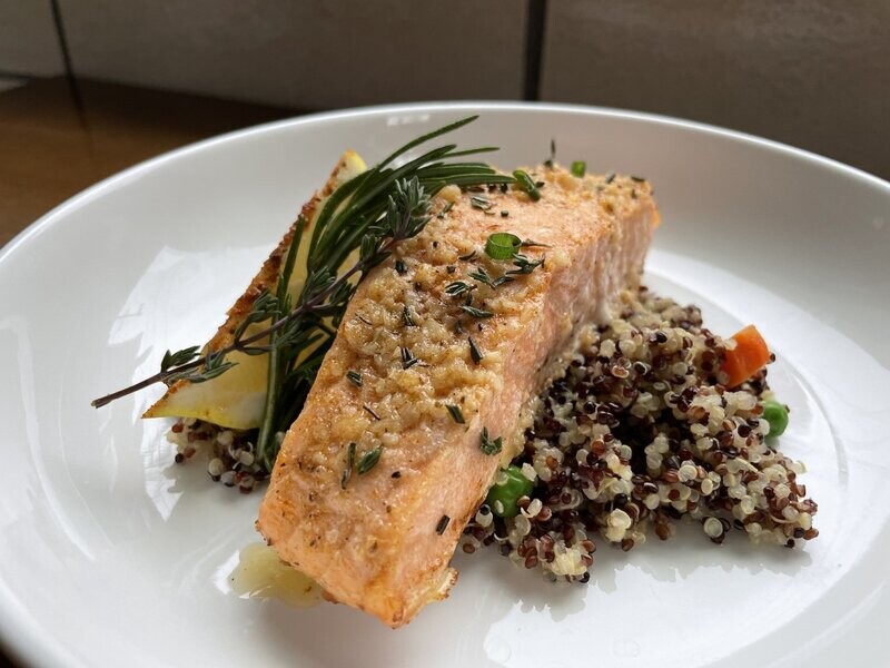 Garlic Herb Salmon with Quinoa and Roasted Broccoli