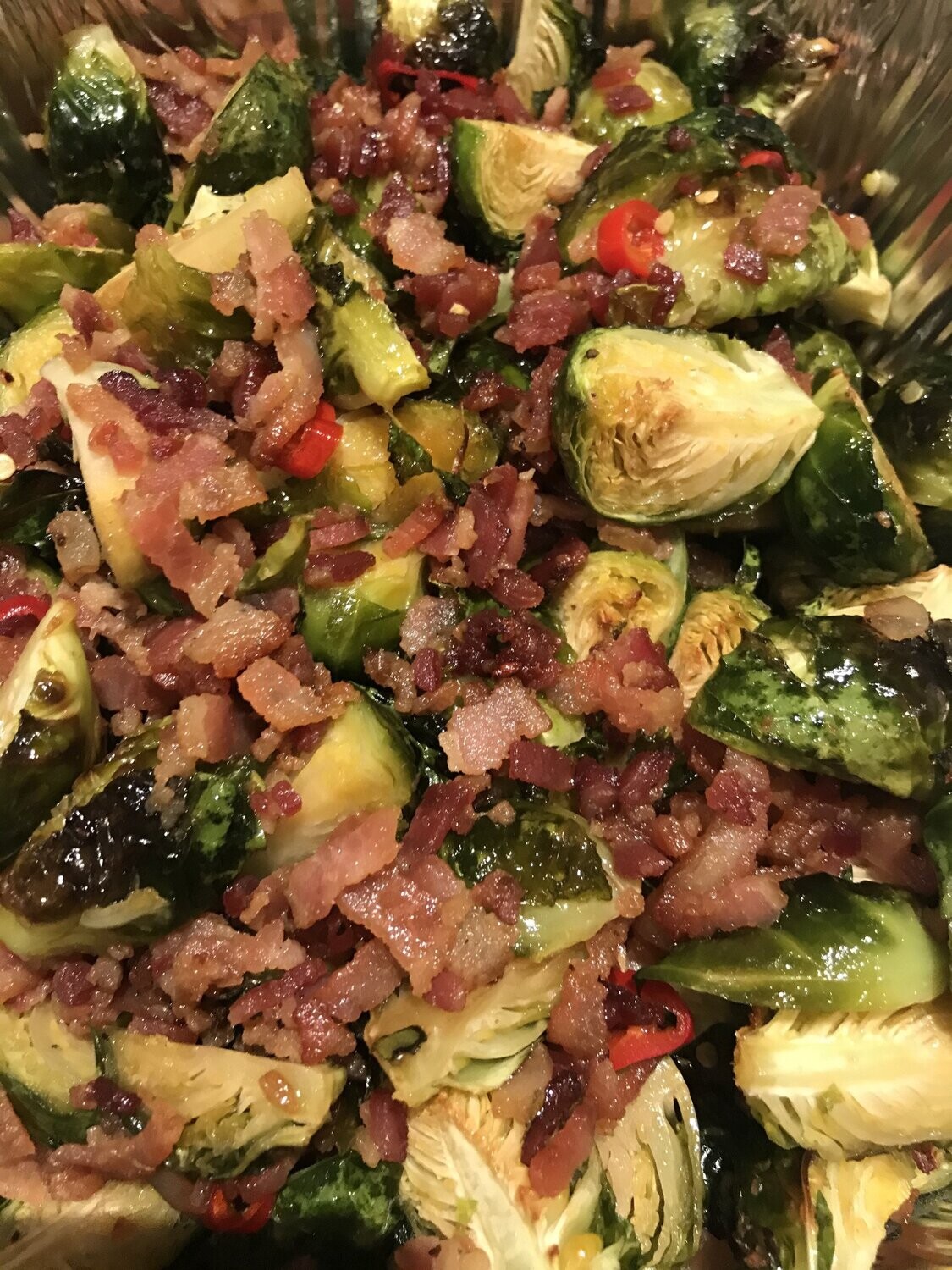 Maple Glazed Brussels Sprouts with Bacon & Chilies