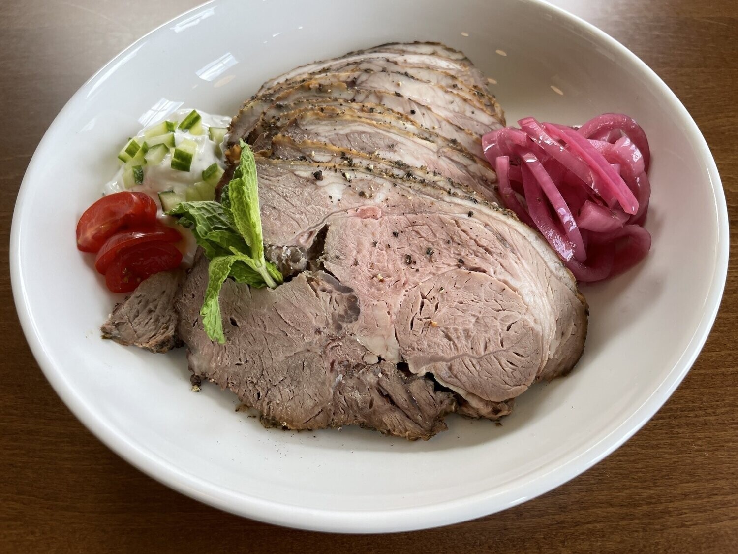 Greek Roast Lamb with Tzatziki and Pickled Red Onions