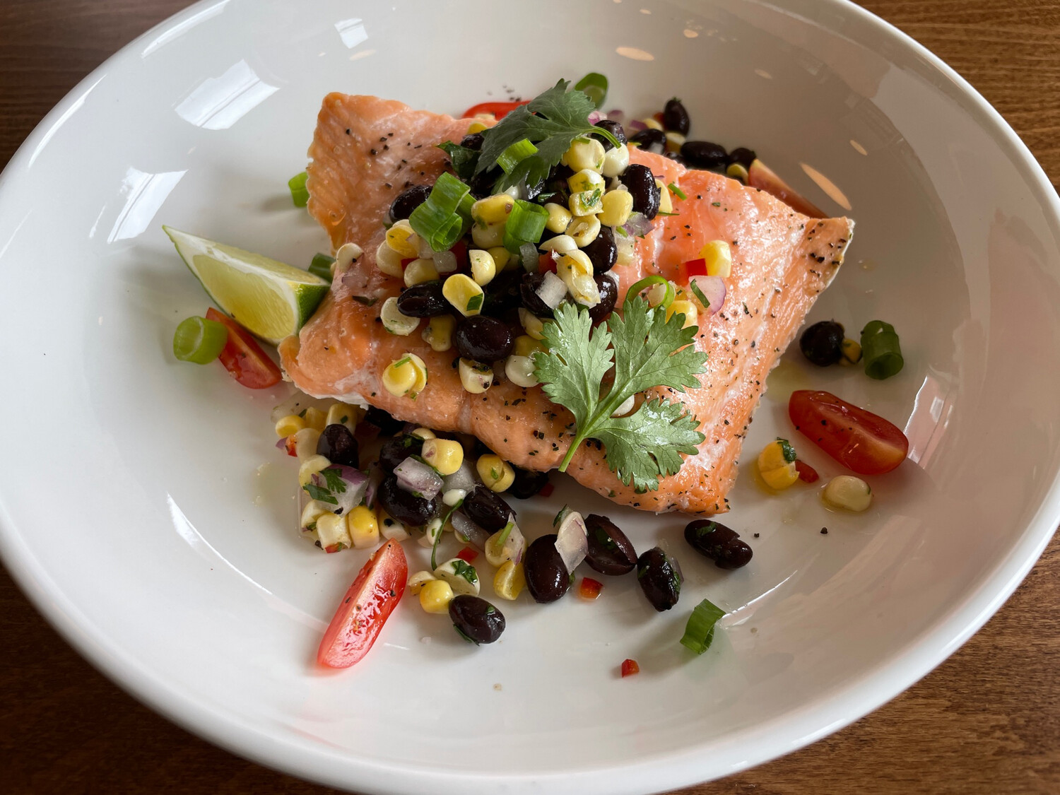 Baked Salmon with Black Bean & Corn Topper w/Rice Pilaf & Summer Vegetables