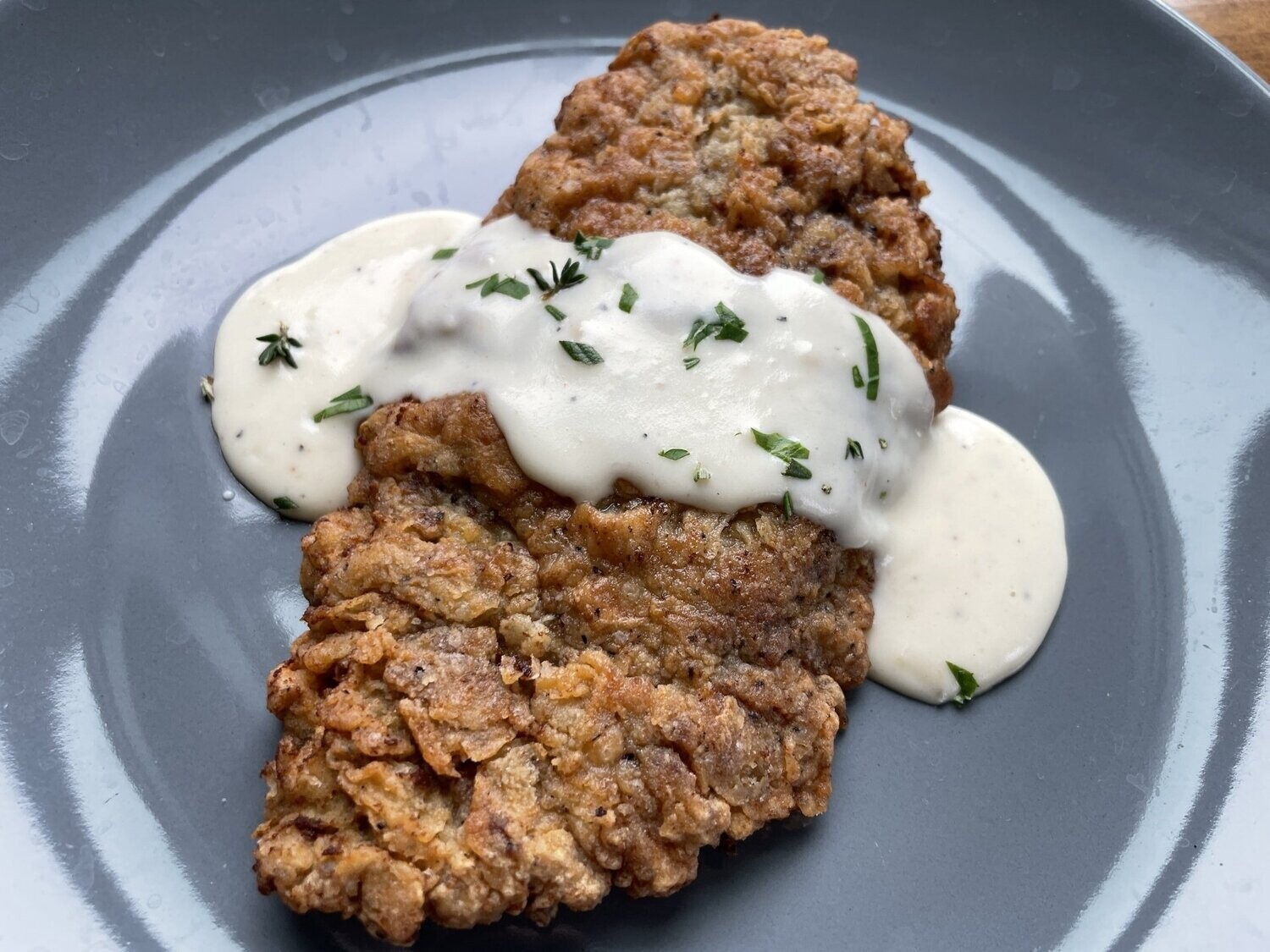 Country Fried Steak with Country Gravy, Mashed Potatoes, and Sufferin’ Succotash