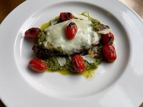 Chicken Caprese and Pesto-Cream Pasta and Asparagus