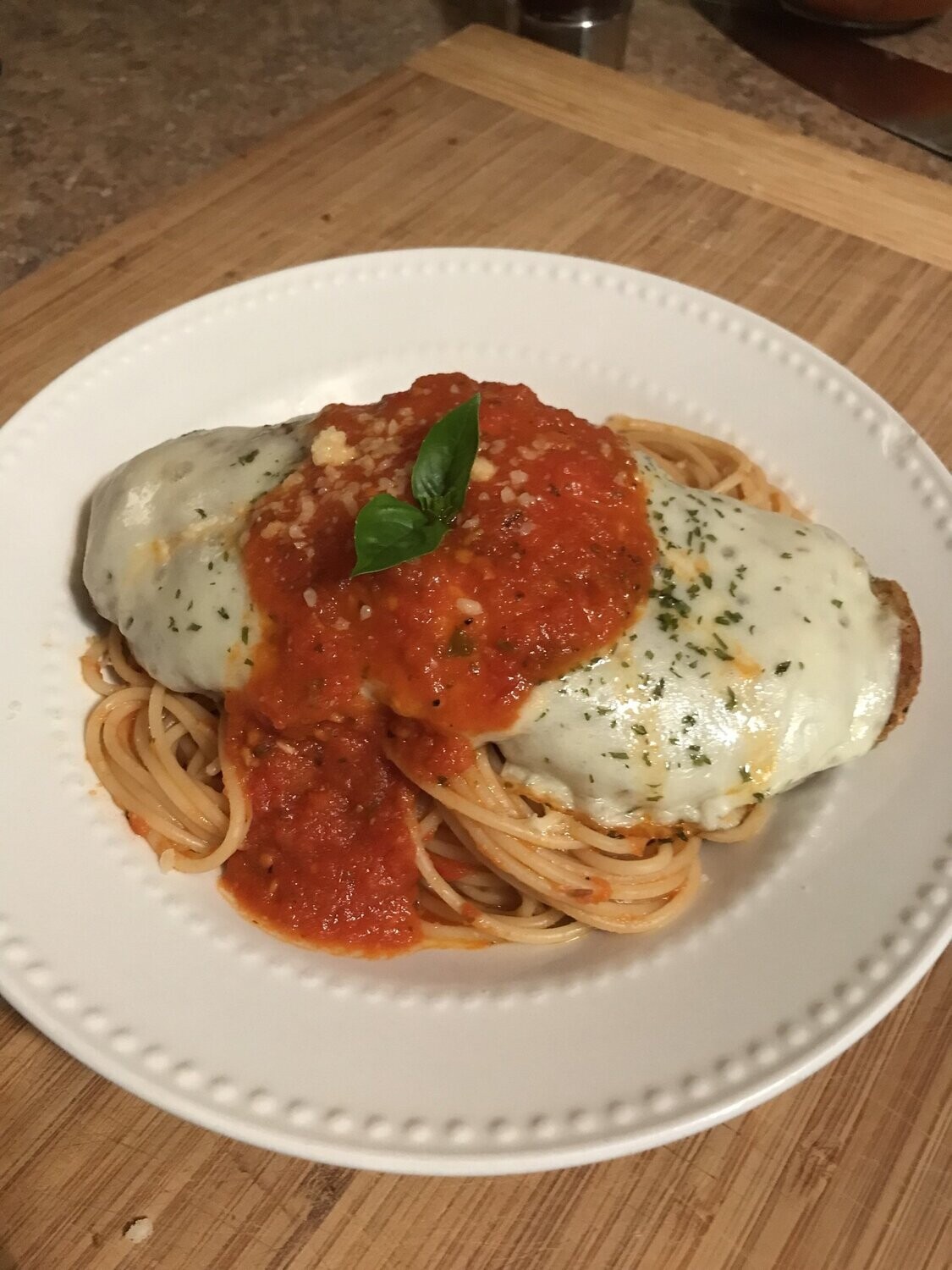Chicken Parm with Baked Pasta & Tomato Sauce and Buttered Green Beans