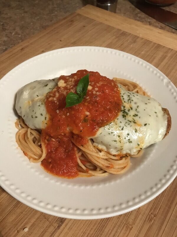Chicken Parm with Baked Pasta & Tomato Sauce and Buttered Green Beans