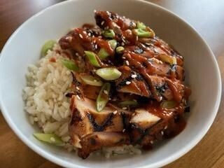 Grilled BBQ Korean Chicken with Steamed White Rice and Grilled Vegetables