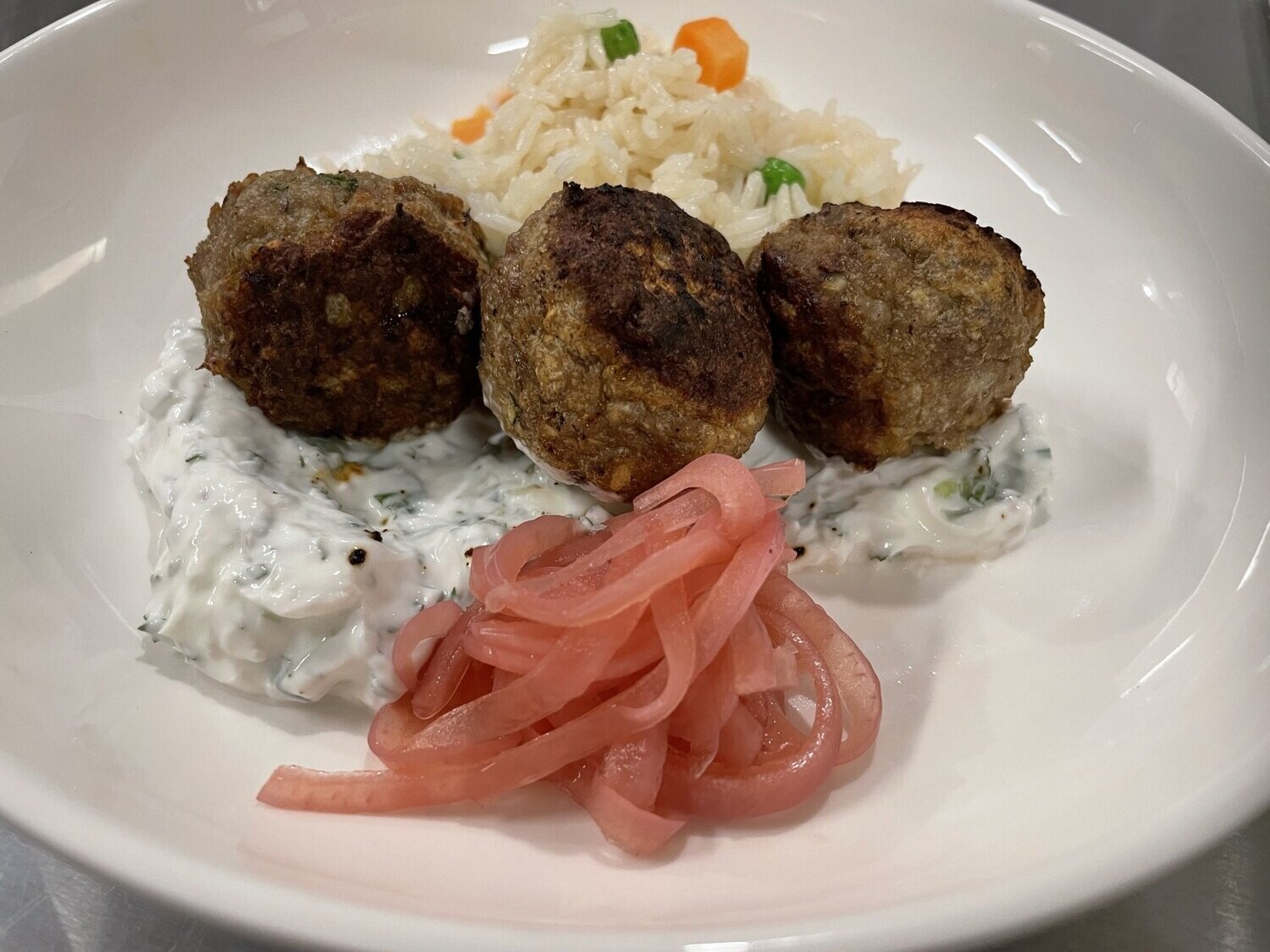 Lamb Meatballs with a Greek Cucumber & Tomato Salad and Basmati Rice
