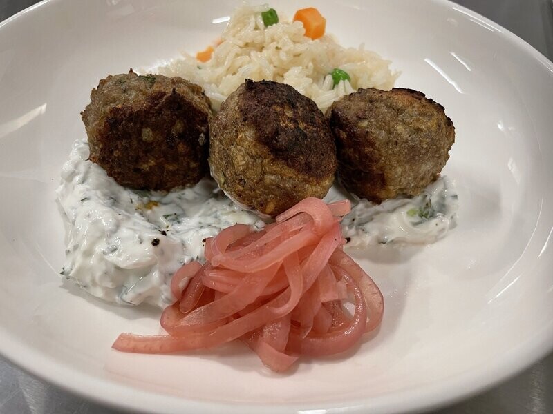 Lamb Meatballs with Rice Pilaf and Roasted Seasonal Vegetables