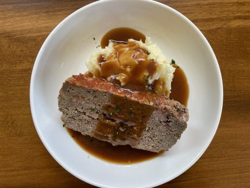 Meatloaf with Gravy, Mashed Potatoes and  Gram's Spinach
