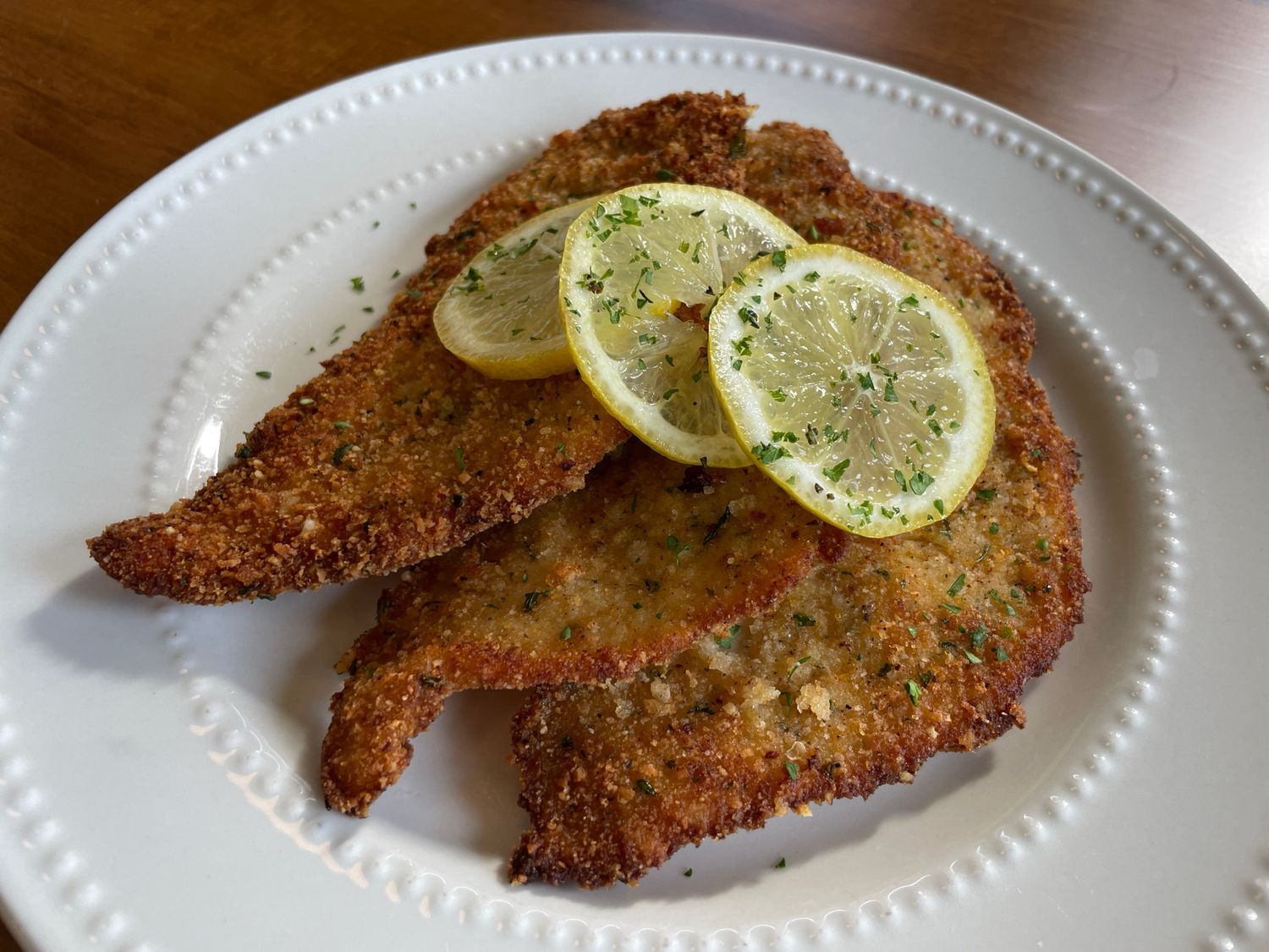 Chicken Milanese with Parm Roasted Potatoes and Buttered Green Beans