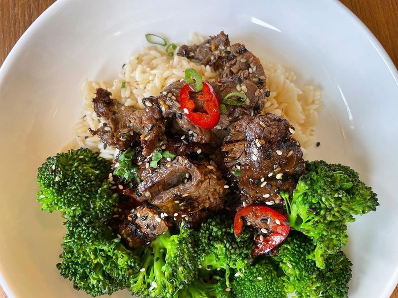 Grilled Bulgogi Flank Steak with Basmati Rice and Hibachi Vegetables