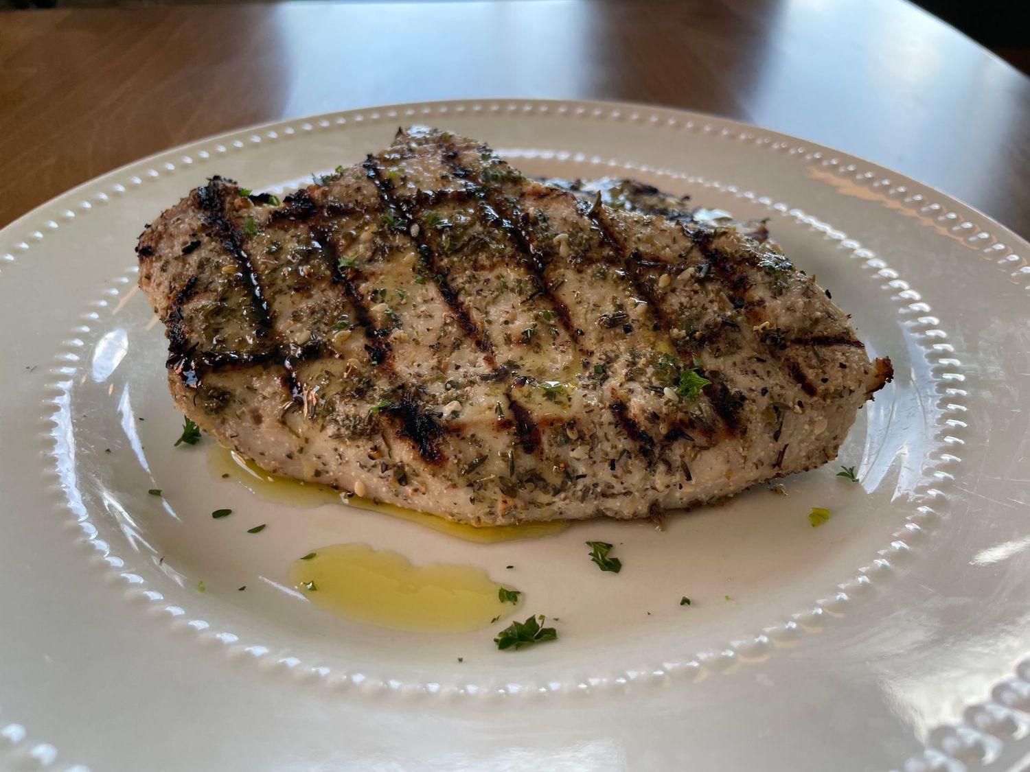 Za'atar Crusted Grilled Pork Chop with a Lebanese Chopped Salad​ and Roasted Sweet Potatoes