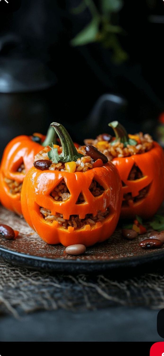 Turkey Stuffed Jack-o'-lantern Peppers with Muenster Mashed Potatoes and House Veggies