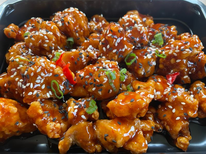 General Tso's Chicken with Rice and Broccoli with Chilies