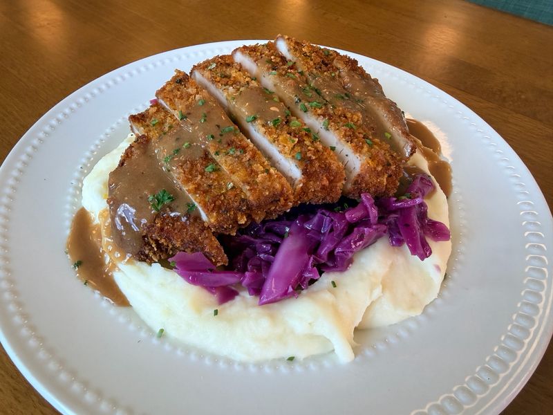Dad's Favorite Dinner Breaded Pork Chops with Mashed Potatoes and Hot Slaw
