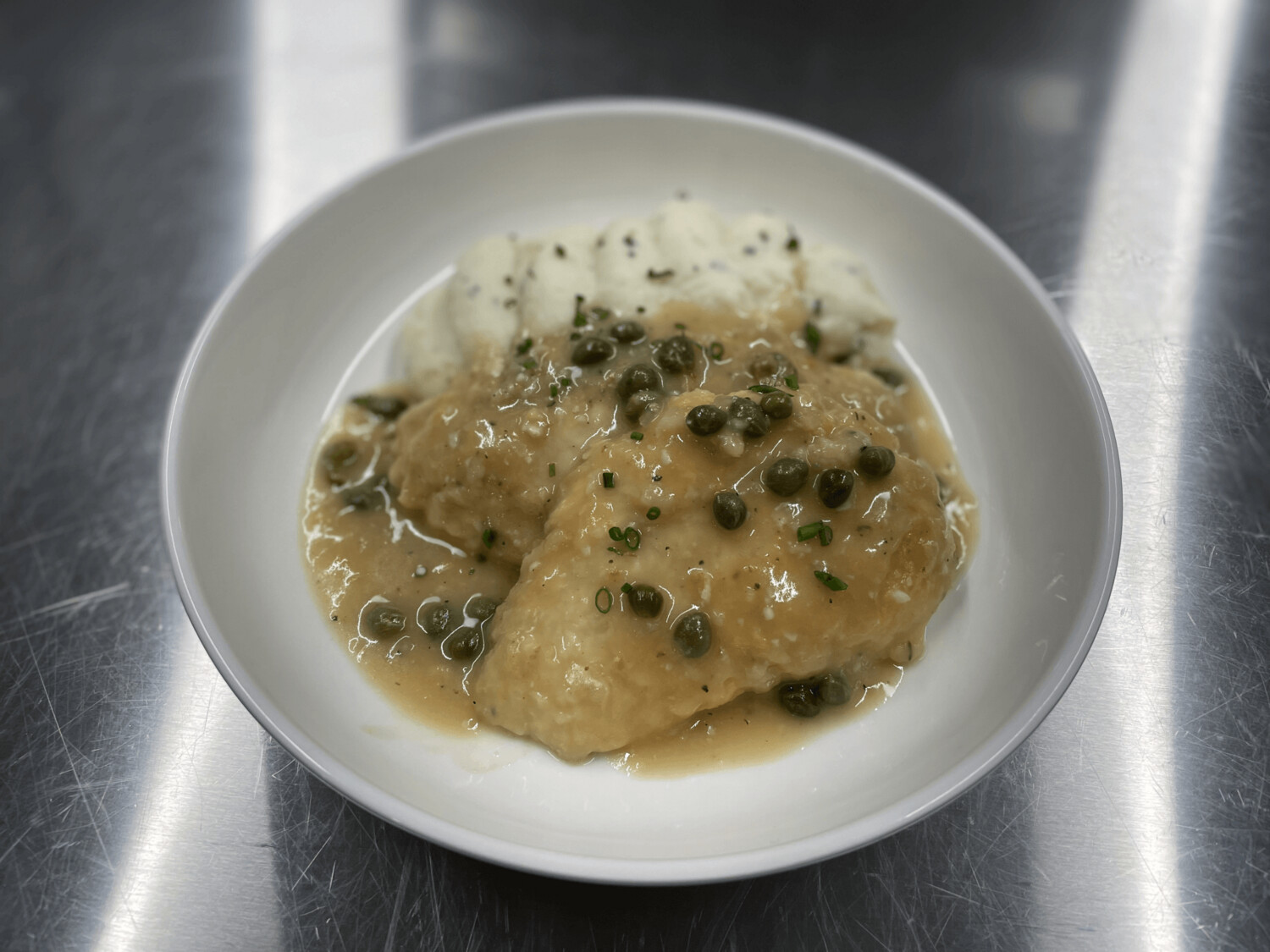 Chicken Piccata with Parm Sweet Pea Risotto and Buttered Green Beans