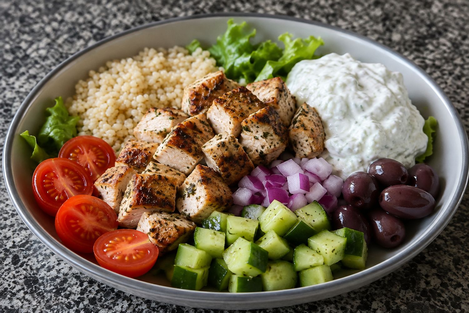 Grilled Greek Chicken Thighs & Tzatziki with Jasmine Rice and a Greek Salad Grilled Greek Chicken Thighs & Tzatziki with Jasmine Rice and a Greek Salad